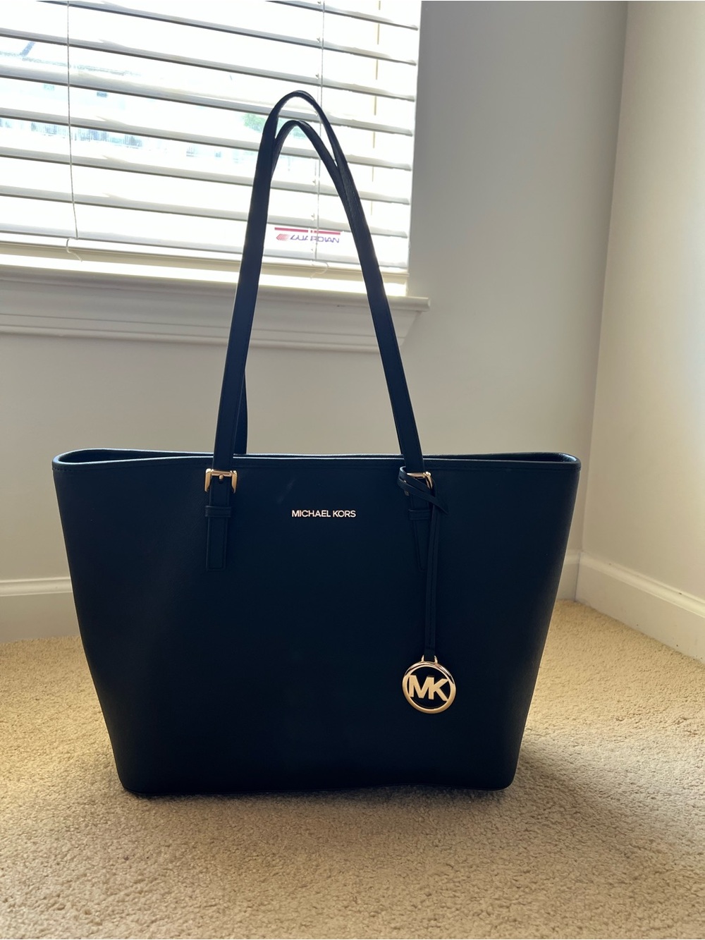 Michael Kors Black Leather Tote with Gold MK Medallion
